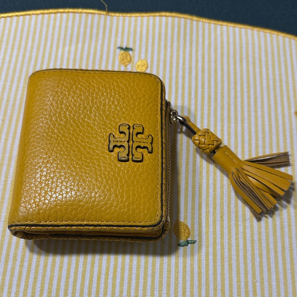 Tory Burch Yellow Leather Zip Wallet with Tassel